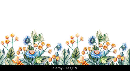 Seamless horizontal pattern of wildflowers. Watercolor border with daisies, tansy, daisies and green leaves. Template for text, greeting cards, fabric Stock Photo