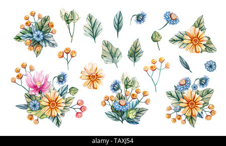 Hand-drawn bouquets of wildflowers. Watercolor summer set of illustrations with mallow, tansy, and chamomile. Template for greeting cards, fabrics, we Stock Photo