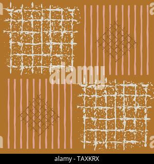 Hand painted grids, striped squares and diamonds in geometric design. Seamless vector pattern on caramel background. Great for wellbeing, beauty Stock Vector