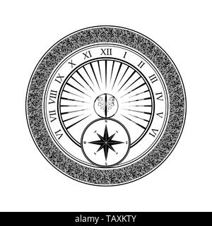 Black compass silhouette with abstract ornament isolated on white background Stock Vector