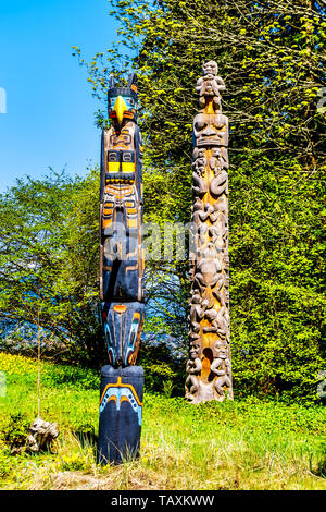 The 'Oscar Maltipi Totem Pole' and 'Beaver Crest Totem Pole' in Stanley Park. The second one is unpainted and it's main body is circular in shape Stock Photo