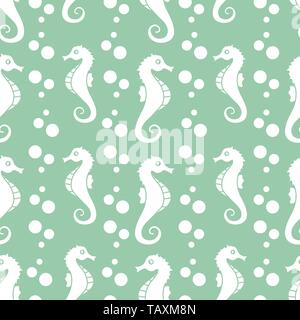 Vector seamless pattern with sea horses and bubbles. Marine background. Design for textile, banner, poster or print. Stock Vector