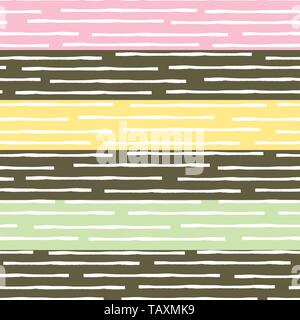Striped design with horizontal broken up hand drawn lines. Seamless vector pattern in ice cream colors on chocolate brown background. Great for Stock Vector