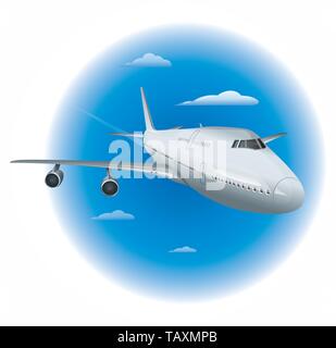 Illustration of a passenger airplane flying in a clear blue sky Stock ...
