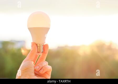 Led bulb, hand holding lamp, evening sunset sky background. Stock Photo