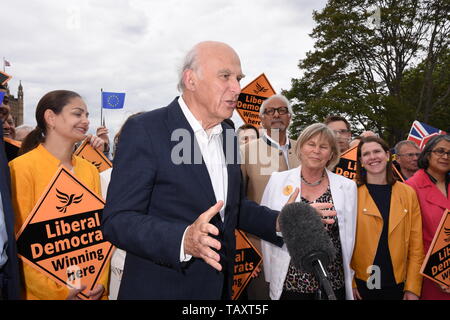 Vince Cable was joined by activists and the party's three new MEPs for London to celebrate the best ever European Election results in the Party's History. Lambeth Palace Road, London Stock Photo