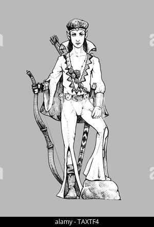Elf warrior with arc. Fantasy elves warriors drawing. Elves isolated illustration. Stock Photo