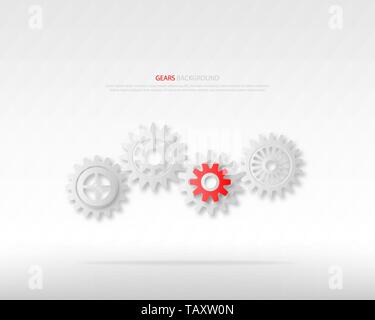 Power of leadership or teamwork concepts. Gray gears wheels and one red gear on white background. Depicts cooperation or teamwork. Digital craft paper Stock Vector