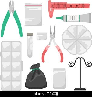 Set of tools and storage containers for handmade jewelry. Pliers, glue. Creation of handmade jewelry. Hobby. Stock Vector