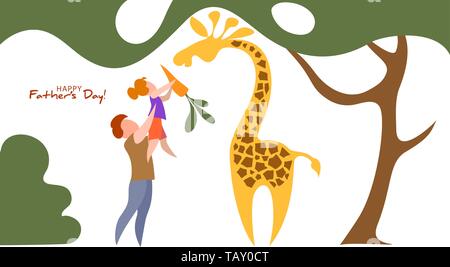 Father lifting up his daughter to feed giraffe. Happy fathers day card. Flat style. Vector illustration Stock Vector