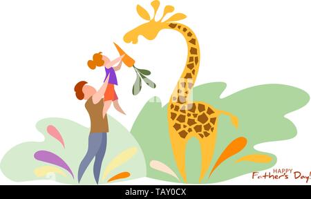 Father lifting up his daughter to feed giraffe. Happy fathers day card. Flat style. Vector illustration Stock Vector