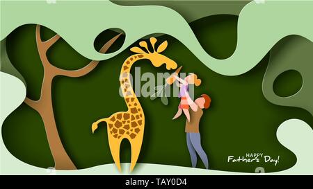 Father lifting up his daughter to feed giraffe. Happy fathers day card. Flat style. Vector illustration Stock Vector