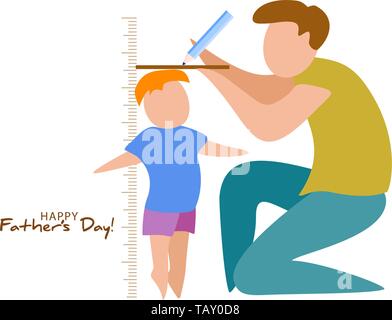 Father measures the growth of his son. Happy father's day card. Flat style. Vector illustration Stock Vector