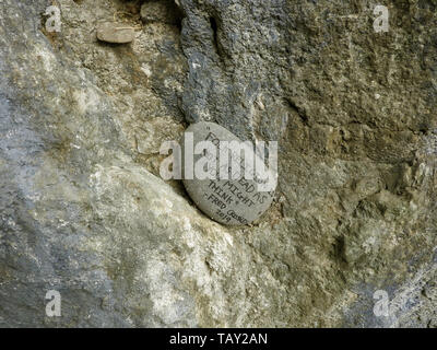 A thought provoking stone left at Saint Ninian's Cave, a place of pilgrimage for Christians near Whithorn,Wigtownshire,Scotland (photographed 2019) Stock Photo