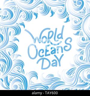 Save the ocean. Vector illustration with ocean waves and hand drawn lattering. Isolated on white background. Stock Vector