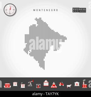 Vector Vertical Lines Pattern Map of Montenegro. Striped Simple Silhouette of Montenegro. Realistic Vector Compass. Business Infographic Icons. Stock Vector
