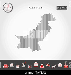 Vector Vertical Lines Pattern Map of Pakistan. Striped Simple Silhouette of Pakistan. Realistic Vector Compass. Business Infographic Icons. Stock Vector