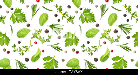 Different spices and herbs seamless pattern isolated on white background, basil leaf, thyme, black pepper, rosemary, top view Stock Photo