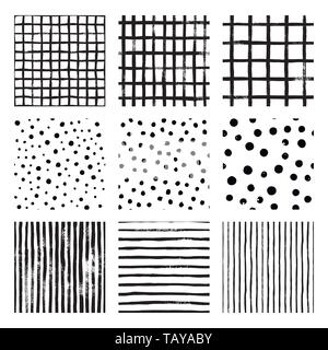 Set black and white hand draw vector seamless patterns Strip, Grid, Polka Dot. Endless textures in monochrome. Scandinavian simple style. Stock Vector