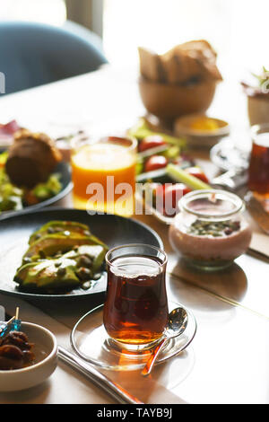 Turkish breakfast with various plates on a table Stock Photo