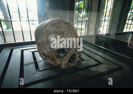 Memorial with skulls in genocide Museum, Phnom Penh Stock Photo