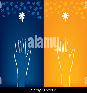 Vector illustration. Two hands reaching the stars. Stock Vector
