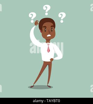 illustration of a clueless cartoon black african american businessman with three question marks above his head. Stock Vector
