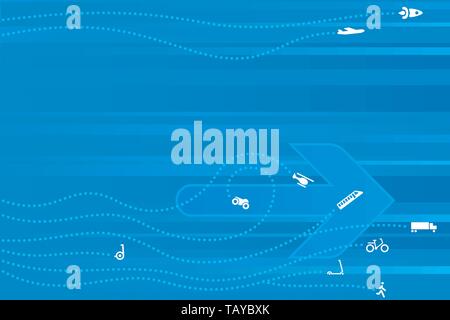 Vector illustration. Different vehicles running over stripped blue pattern. Stock Vector