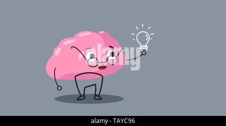 cute human brain organ pink cartoon character holding light lamp creative idea concept kawaii style horizontal Stock Vector