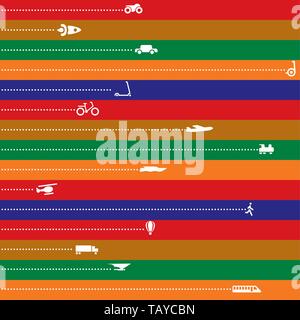 Vector illustration. Different vehicles running over stripped pattern. Stock Vector