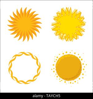 Vector illustration. Four geometrical sun logos isolated. Symbols or icons. Stock Vector