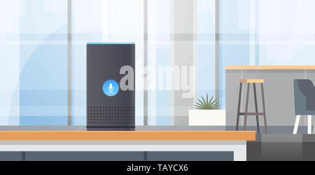 intelligent smart speaker voice recognition activated digital assistants automated command report concept modern cafe interior flat horizontal Stock Vector