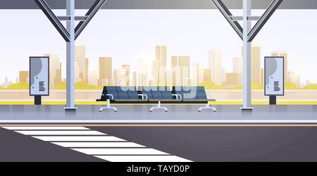 modern bus stop empty no people airport public transport station cityscape background flat horizontal Stock Vector