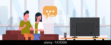 couple watching tv man woman sitting on couch using smart speaker voice recognition activated digital assistants concept modern living room interior Stock Vector