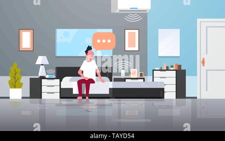 man sitting on bed using conditioner and clock controlled by smart house speaker voice recognition concept modern bedroom interior flat horizontal Stock Vector