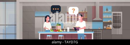 couple using smart speaker man woman preparing food asking recipe voice recognition concept modern kitchen interior flat horizontal portrait Stock Vector