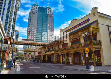 Orlando, Florida . December 25, 2018. The revitalized Church Street Station continues this tradition, offering an eclectic mix of dining, and entertai Stock Photo