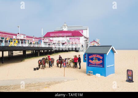 Great Yarmouth beach pier and donkeys - a traditional british seaside scene - Great Yarmouth, England, UK Stock Photo