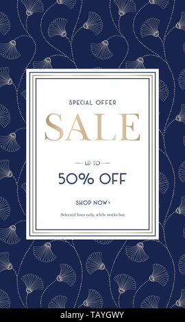 Cream Hand-Drawn Abstract Floral Sale Promotion Vertical Banner. Social Media Ads Graphics. Art Deco Blooms. Abstract Elegant Fan Flowers Special Offe Stock Vector