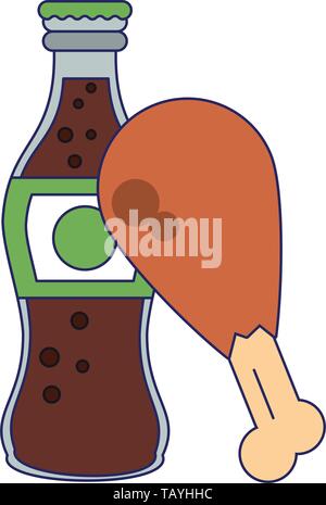 Soda bottle and chicken thigh food blue lines Stock Vector