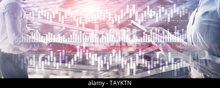 Candles chart diagram graph stock trading investment business finance concept mixed media double exposure virtual screen. Stock Photo