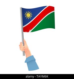 Namibia flag in hand. Patriotic background. National flag of Namibia  illustration Stock Photo