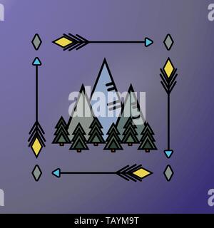 Mountains and pine forest in minimalism style in square frame of arrows. Outdoor club sticker, logo, print clothes, bag, decal wall. Black contour and Stock Vector