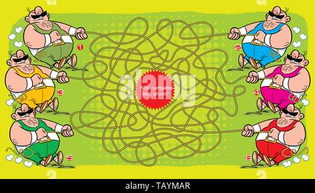 Puzzle maze with several athletes who pull the rope. Vector illustration for educational and entertainment programs for children. Stock Vector