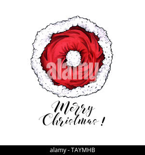 Merry Christmas 2020 greeting card color template. Santa hat isolated on white background. Holiday ink brush calligraphy. Xmas, New Year party poster, banner cartoon design. Handwritten ink lettering Stock Photo