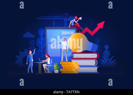 Vector illustration people are working on marketing and financial issues together on large screen and building a new achievements. Business finance, i Stock Vector
