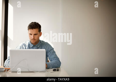 Focused young businessman working on a laptop in his office. Stock Photo