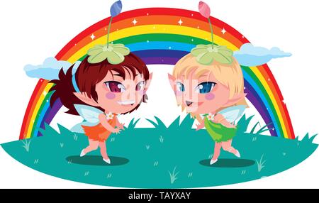 beautiful magic fairies with rainbow scene vector illustration design Stock Vector