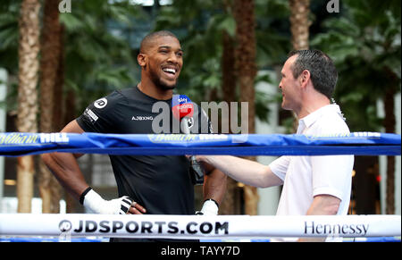 Anthony Joshua (left) is interviewed by Sky Sports News presenter Fraser Dainton (right) during the public work-out at the Brookfield Place, New York. Stock Photo