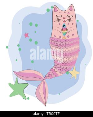 Cat unicorn with a mermaid's tail and with a rainbow fish in its paws, print design Stock Vector